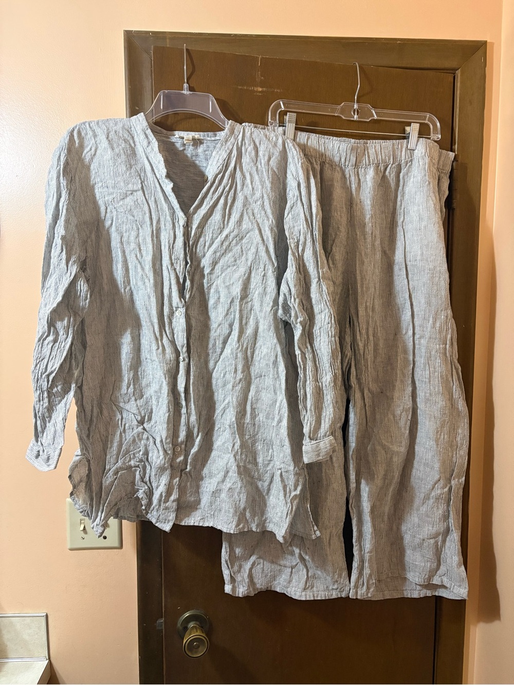 Eileen Fisher Organic Linen Striped Long Sleeve Shirt & Wide Leg Pants Set